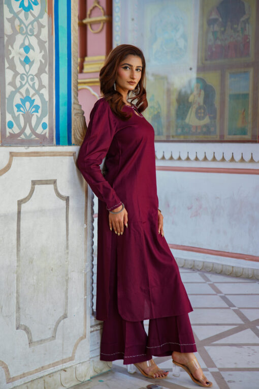 Elegant Wine Rayon Kurta Palazzo Set with Moti Neck & Cuff Detailing - Image 2