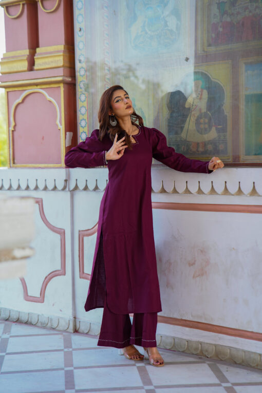 Elegant Wine Rayon Kurta Palazzo Set with Moti Neck & Cuff Detailing - Image 3