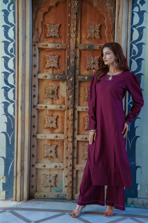 Elegant Wine Rayon Kurta Palazzo Set with Moti Neck & Cuff Detailing - Image 4