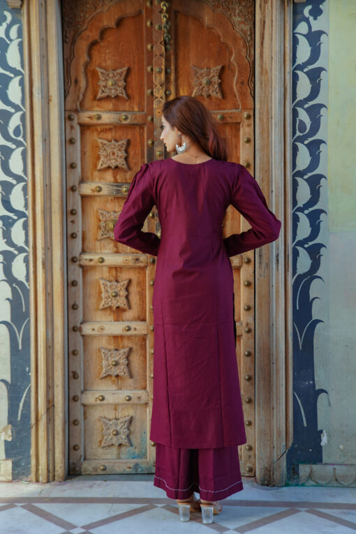 Elegant Wine Rayon Kurta Palazzo Set with Moti Neck & Cuff Detailing - Image 6
