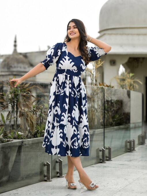 Pure Cotton Stitched Flared/A-line Gown (Blue) - Image 3