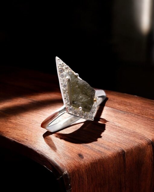 Natural Green Moldavite Kite Shape Sterling Silver Ring