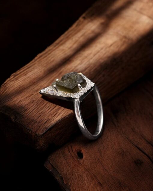 Natural Green Moldavite Kite Shape Sterling Silver Ring - Image 4