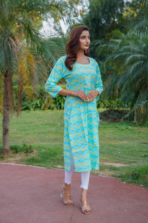 Women Pure Cotton Kurta, Trouser/Pant Set (Turquoise Green Color) - Image 7