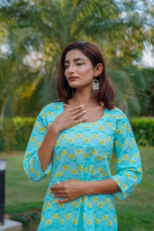 Women Pure Cotton Kurta, Trouser/Pant Set (Turquoise Green Color) - Image 3