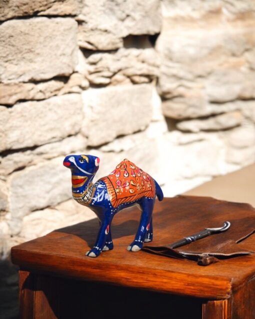 Handcrafted Blue Camel with Vibrant Orange Lawazma