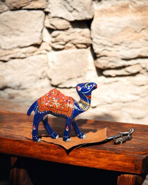 Handcrafted Blue Camel with Vibrant Orange Lawazma - Image 2