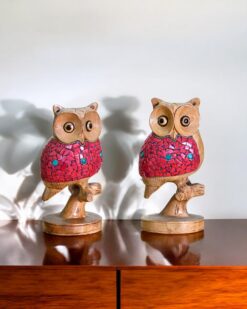 The Coral Sentinel Handcrafted Wooden Owl