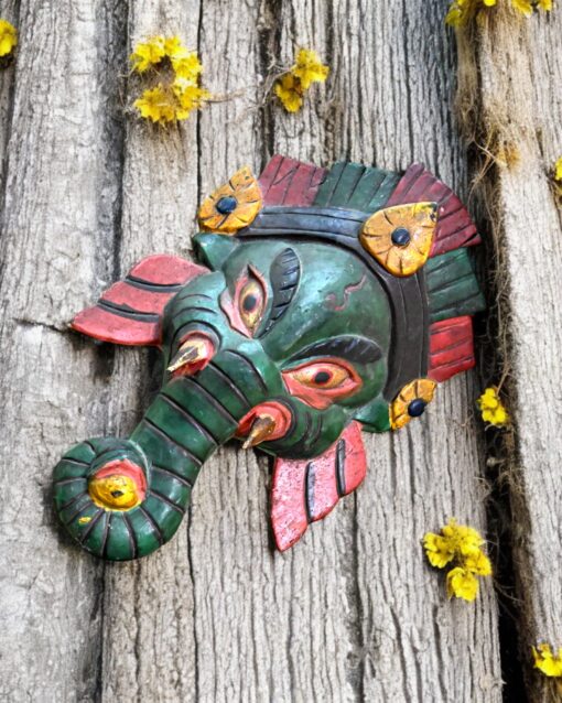 Divine Presence Handcrafted Wooden Ganesh Mural (Green) - Image 4