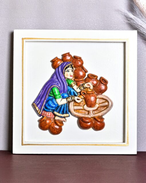 White Wooden Framed Artwork of Kumharan Lady - Image 4