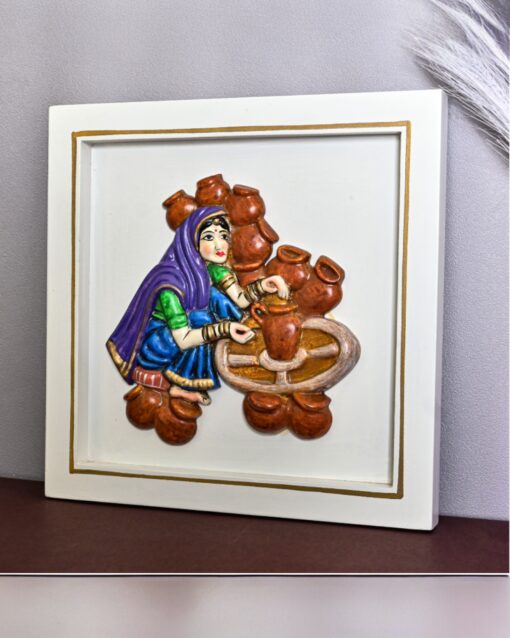 White Wooden Framed Artwork of Kumharan Lady - Image 2