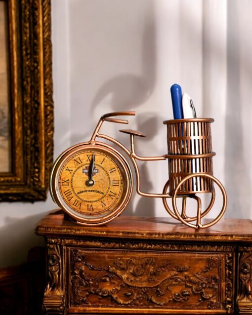 Classic Brass Bicycle Watch and Pen Stand Desk Accent