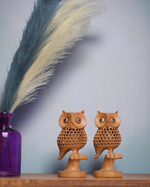 Decorative Wooden Owl on Stem Featuring Detailed Jali Design - Image 2