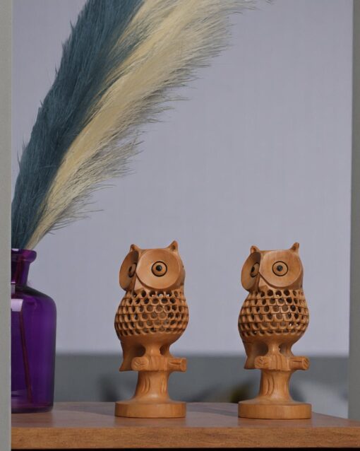 Decorative Wooden Owl on Stem Featuring Detailed Jali Design - Image 5