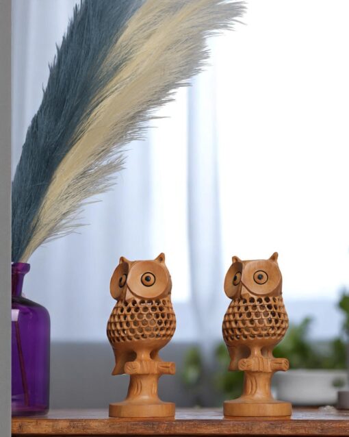 Decorative Wooden Owl on Stem Featuring Detailed Jali Design - Image 3
