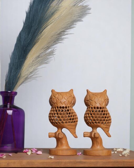 Decorative Wooden Owl on Stem Featuring Detailed Jali Design - Image 4