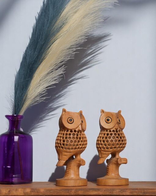 Decorative Wooden Owl on Stem Featuring Detailed Jali Design - Image 6