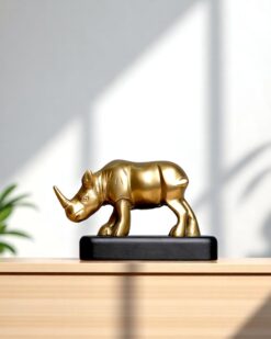 Majestic Brass Rhinoceros with Wooden Stand