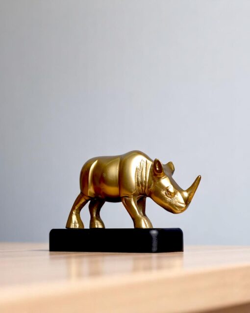 Majestic Brass Rhinoceros with Wooden Stand - Image 2