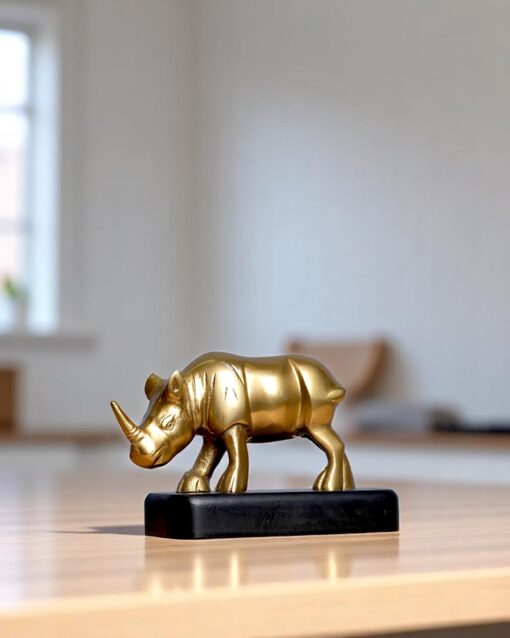 Majestic Brass Rhinoceros with Wooden Stand - Image 4