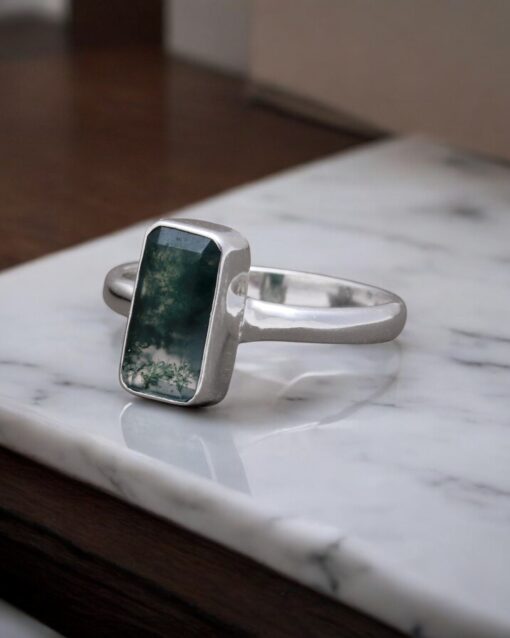 Genuine Natural Moss Agate 925 Sterling Silver Ring
