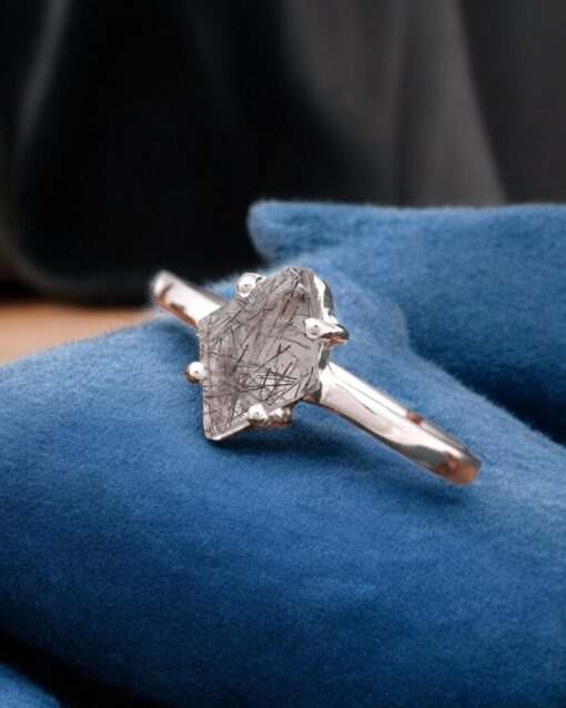 Natural Black Rutile 925 Real Silver Ring
