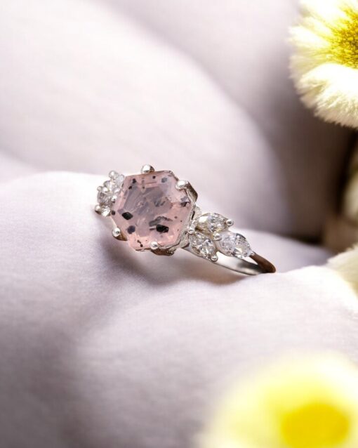 Natural Pink Dot Quartz 925 Sterling Silver Ring