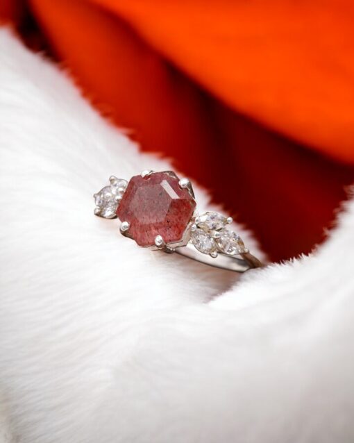 Natural Red Strawberry Quartz 925 Sterling Silver Ring