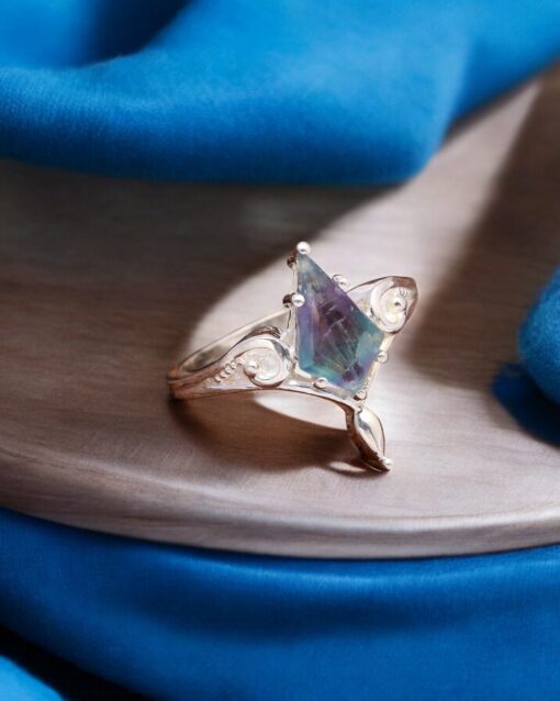 Natural Rainbow Fluorite 925 Sterling Silver Ring