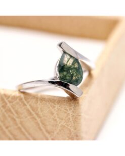 Natural Green Moss Agate Pear 925 Sterling Silver Ring