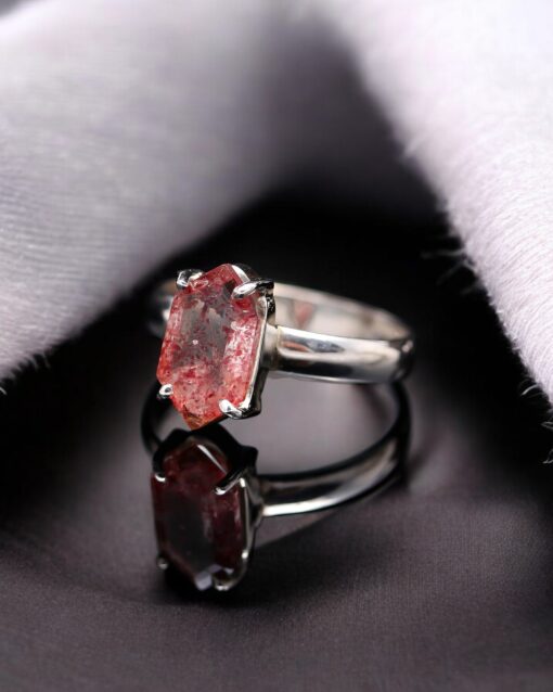 Natural Red Strawberry Quartz 925 Sterling Silver Ring