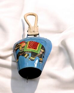 Hand-Painted Blue Elephant Metal Cow Bell Hanging for Ethnic Decor Charm