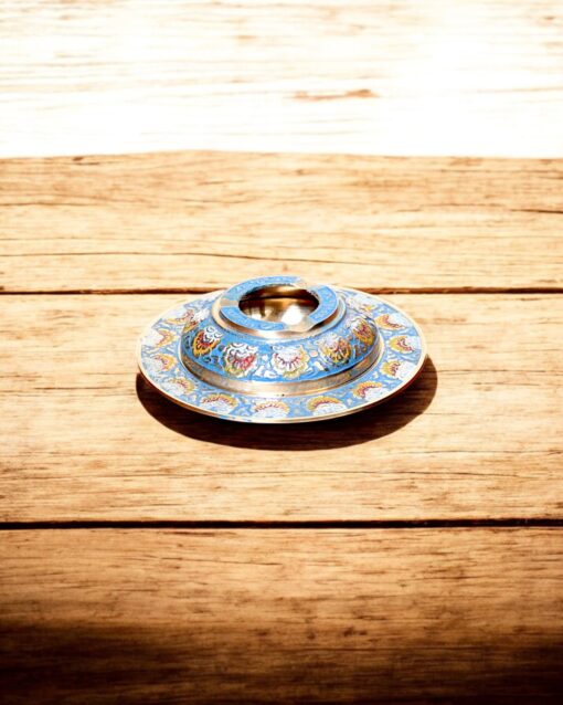 Handcrafted Brass Ashtray with Colorful Enamel Floral Inlay (Sky-Blue) - Image 3