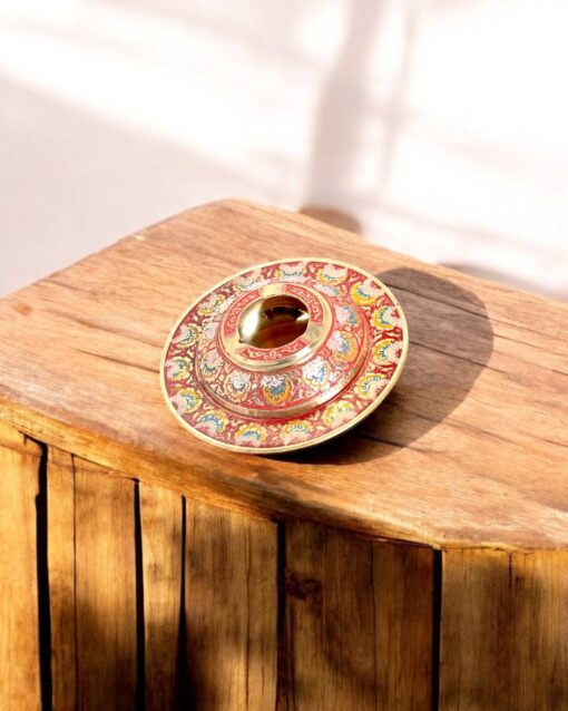 Handcrafted Brass Ashtray with Colorful Enamel Floral Inlay (Red) - Image 3