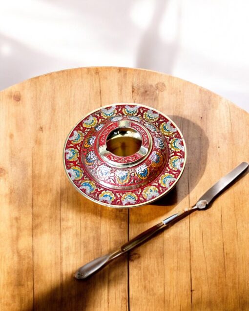 Handcrafted Brass Ashtray with Colorful Enamel Floral Inlay (Red)
