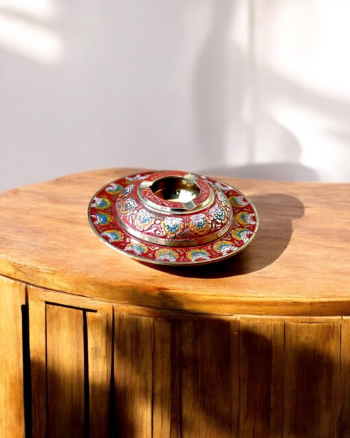 Handcrafted Brass Ashtray with Colorful Enamel Floral Inlay (Red) - Image 2