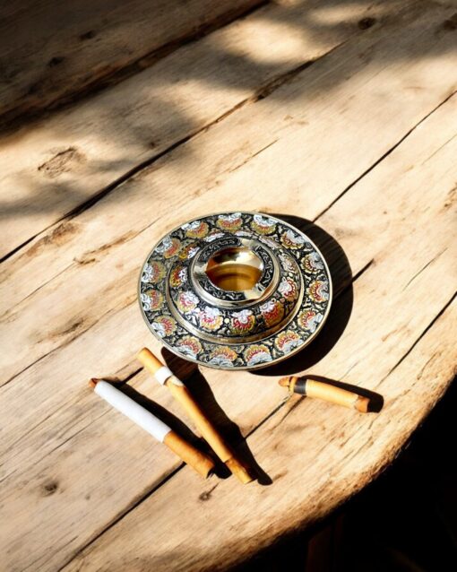 Handcrafted Brass Ashtray with Colorful Enamel Floral Inlay (Black)