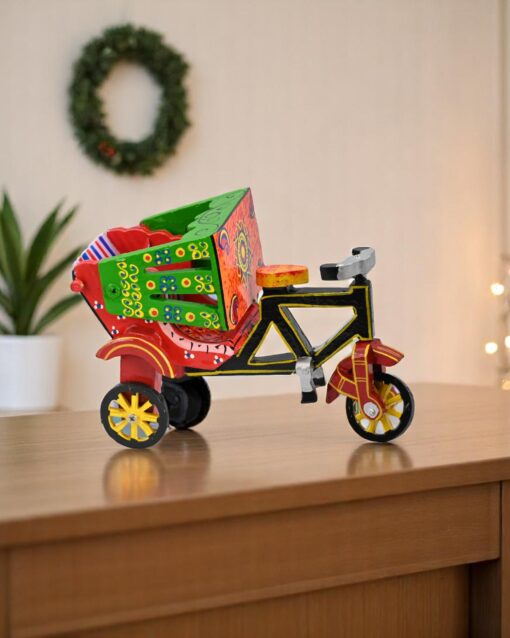 Indian Folk Art Wooden Tricycle Rickshaw for Decorative Display - Image 3